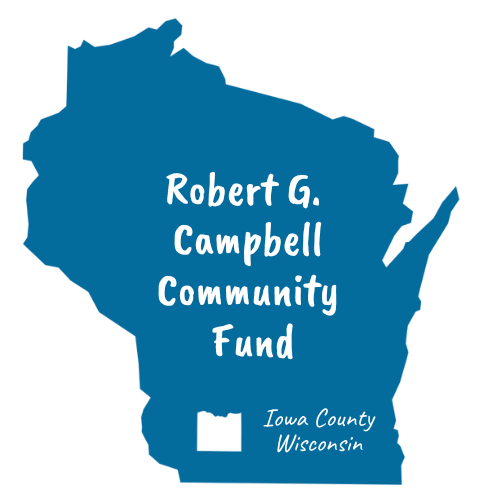 Blue Robert G. Campbell logo shaped as the state of Wisconsin